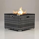 REALGLOW Warmpact Rattan Table Gas Fire Pit in Grey - 13KW Square Propane Gas Fire Pit w/Removable Glass Wind Guard, Lava Rock & Lid Cover - Coffee Table w/Heater for Garden, Deck, Outdoor Bars