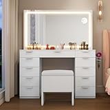 YITAHOME Dressing Table & stool set,Vanity Desk w/ 3-Color LED Lights Mirror,Lights Brightness Adjustable,Transparent Glass Top Vanity Table with 11 Drawers,Power Outlet,Whtie Makeup Desk for Bedroom