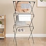 Vivo Technologies 3 Tier Deluxe 14m Drying Space Foldable Clothes Airer 14m Drying Space Washing Line Clothes Dryer Indoor Folding Drying Racks Horse Laundry Dryer 4 Corner Hooks Black
