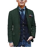 Tiavllya Mens Herringbone Tweed Suit Blazer Jacket Vintage Stand Collar Single Breasted Wool Coat （40, Hunt Green）
