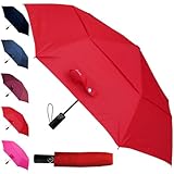 50MPH StormDefender Compact Windproof Strong Umbrella - Small Compact Umbrella - Vented Canopy - Folding Foldable Best for Auto Open and Close - Candy Red