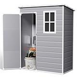 XEMQENER Plastic Garden Storage Shed with Floor, 4.6x2.6 FT Lockable Outdoor Storage Shed with Window, Waterproof Garden Sheds for Gardening Tools & Equipment, 140x81x193 cm, Grey