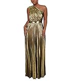 AOMEI Women's Luxury Metallic One Shoulder Sleeveless Elegant Pleated Long Dress (Gold,M)