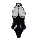 Satohom Women Wetlook Patent Leather Lingerie Set Halter Neck Fishnet Bust Zipper Crotch Leotard Bodysuit Teddy Lingerie, Women’s Faux Leather Outfit with Metal Chain Club Latex Cosplay Costume