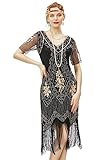 ArtiDeco 1920s Flapper Fringed Sequin Dress Roaring 20s Fancy Dress Gatsby Costume Dress V Neck Vintage Beaded Evening Dress, XL /UK 18/EU 46, Black Gold