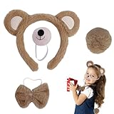 4pcs Bear Costume, Bear Ears Headband, Furry Bear Ears Headband Nose Bow Tie and Tail Set, Cute Animal Costume Accessory Kids Adult for Halloween Carnival Cosplay World Book Day