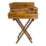 Elegant & Functional Vintage Butlers Tray Set with Stand - 3 Wooden Rectangular Trays with Handles - Durable Painted Finish for Indoor/Outdoor Use with Foldable Design (Brown Flowers Pot Garden)