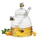 Dubbulon Glass Honey Pot With Dipper, Honey Jars With Lids, Beehive Shape Honeypot For Home Kitchen