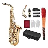 KOCAN Eb Saxophone, Saxophone Sax Eb Be Alto E Flat Brass Carved Pattern on Surface Plastic Mouthpiece Exquisite with Gloves Cleaning Cloth Brush Straps