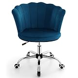 COSTWAY Velvet Office Chair, Height Adjustable Swivel Computer Desk Chair Leisure Vanity Seat, Ergonomic Rolling Petal Scallop Shell Back Executive Task Chairs for Home Office Bedroom (Blue)