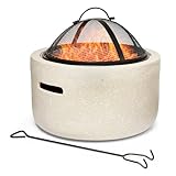 VonHaus Fire Pit – 2 in 1 Firepit with BBQ Cooking Grill for Outdoor, Garden, Patio – MgO Material, Stone Effect Finish, Fire Poker & Mesh Cover Included, Carry Handles – Use Wood or Charcoal to Fuel