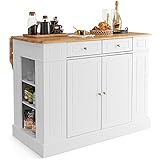 TANGZON Large Kitchen Island, Kitchen Sideboard with Extendable Rubber Wood Worktop, Drawers, Adjustable Shelves & Side Racks, Living Dining Room Cabinet Cupboard (White Body)