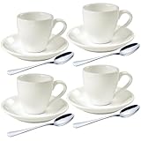 homEdge Set of 4 White Porcelain Espresso Shot Cups with Saucers and Stainless Steel Spoons 80ml