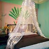 Eimilaly Lace Bed Canopy Mosquito Netting with Warm Lights, Princess Bed Canopy for Girls Room Decor, White/Single Door