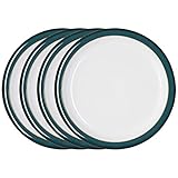 Denby - Greenwich Dinner Plates Set of 4 - Dishwasher Microwave Safe Crockery 26.5cm - Glazed Green, White Ceramic Stoneware Tableware - Chip & Crack Resistant