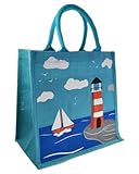 Fairtrade Jute Shopping/Beach/Picnic Bag - Resusable - Lighthouse & Yacht - 30 cm - Sky Blue, Black, White, Red