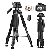 LINKCOOL 74 Inch Tall Tripod for Canon Nikon Sony - Lightweight Aluminum Camera Stand With Detachable Head, Remote Shutter & Phone Mount for Vlog Live Streaming