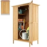 GiantexUK Wooden Garden Shed, Tool Storage Cabinet with 3 Shelves, 5 Hooks, Asphalt Sloped Roof & Lockable Door, Outdoor Tall Vertical Tool Shed Organizer, 91 × 66 × 150cm, Natural