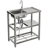 Warmiehomy Kitchen Sink Unit 3 Tier Free Standing Sink with Storage Shelf Stainless Steel Single Bowl Commercial Sinks Outdoor Camping Washbasin with Drainer Kit, 75x40x80cm