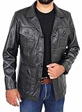A1 FASHION GOODS Mens Leather Classic Retro 70's Blazer Hunters Safari Jacket Black Tan Colour Jim (Black, L)