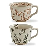 Swuut 350 ml Vintage Ceramic Coffee Mug Set of 2 - Handmade Stoneware Pottery Countryside Farmhouse Fall Autumn Tea Mugs with Big Handle for Latte,Cocoa,Dishwasher & Microwave Safe Cups (Plants)
