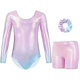 Gogokids Girls Three-Piece Gymnastics Leotards, Long Sleeve Gymnastics Set with Shorts and Hairband, Sparkling Ballet Dancing Unitards - Gymnastics Outfit with Gradient Color Design for 5-6 Years