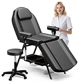 ONPNO Salon Tattoo Bed with Rotatable Armrests, Adjustable 3-Section Beauty Table with Storage Shelves, Professional Massage Chair, Facial Lash Bed for Client/Esthetician (Blcak)