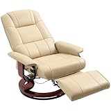 HOMCOM 360° Swivel Recliner Chair with Footstool, Manual Recliner Armchair with Wooden Base, Faux Leather Upholstered Reclining Chair for Living Room, Bedroom, Office, Cream White
