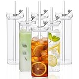 6 Sets Square Drinking Glass Cups, Old Fashioned Glasses, 17 Oz/500ML Square Glasses, Clear Highball Modern Glassware Tumbler Mixed Drinkware with Straws for Cocktail Coffee Juice (Clear-6pcs)