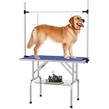 PawHut 42" Dog Grooming Table Adjustable Pet Cat Drying Beauty Table Rubber Top with 2 Loops Storage Basket Metal Blue