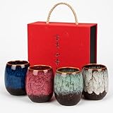 Vellichor Europe Set of 4 Kiln-Glazed Pottery Teacups in Lovely Gift Box. Seasonal Design Spring, Summer, Autumn, Winter 175ml Traditional Japanese & Chinese Style Ochoko Sake Cups