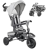 AIYAPLAY Kids Trike, Toddler Tricycle 6 in 1 Foldable Baby Trike with Adjustable Parent Handle & Canopy, Convertible Seat, 5-Point Harness, Storage Basket & Bag for Ages 1-5 Years, Grey
