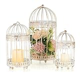 NUPTIO Decorative Candle Lanterns White: 3 Pcs Distressed White Metal Bird Cage Indoors Lantern Centerpiece Assorted Rustic Birdcage Pillar Candle Holders for Home Living Room Porch Office Decoration