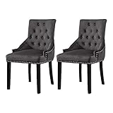 Redd Royal Set of 2 Dining Room Chair with Arms and Soft Padded Seat, Velvet Armchair for Kitchen Living Room, Upholstered Studded Occasional Chair with Black Pine Wood Legs, Dark Grey