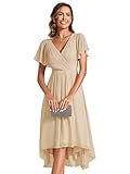 Ever-Pretty Midi Cocktail Dress Prom V-Neck A-Line Dress Ruffles Sleeve Knee Length for Prom Gold 14