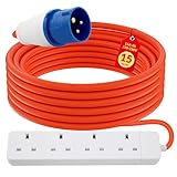 4 Gang Electric Hook Up for Camping,15 Metres 16A to 13A Extension Lead,Heavy Duty-250V Mains Lead for Caravans,Mobile Homes,Motorhomes