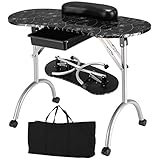 COSTWAY Folding Manicure Nail Table, Portable Mobile Nail Station Beauty Technician Desk with Drawer, Wrist Cushion and Carrying Bag, Professional Spa Salon Art Table (Black)