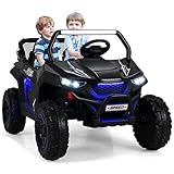 GYMAX Kids Electric UTV, 2-Seater 12V Battery Powered Toy Car with Remote Control, Lights, Bluetooth, MP3, USB, FM, High/Low Speed & Suspension Spring, Children Ride on Car for 3-8 Years Old (Black)