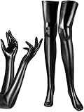 SATINIOR Women's Costume Set Elastic Spandex Shiny Wet Long Gloves and Wet Look Thigh High Stockings