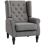HOMCOM Retro Accent Chair, Linen Wingback Armchair with Wood Frame Button Tufted Design for Living Room Bedroom, Dark Grey