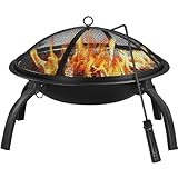 Yaheetech Fire Pit Portable Iron Folding Firepit with Cooking & Grill for Garden, Foldable Fire Bowl for Camping Bonfire/BBQ/Heating with Carrying Bag, Black