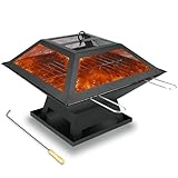 ZENO Square Fire Pit | BBQ Grill Heater 3 in 1 | Outdoor Garden Patio Heater Firepit | Metal Square Garden Accessories with Log Poker | Mesh Screen Lid | Brazier Patio Outside