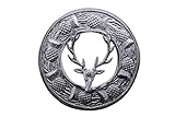 SHYNE KILT FLY PLAID BROOCH LARGE STAG HEAD AND SCROLLING THISTLE BORDER