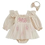 MAHUAOYIXI Newborn Baby Girls First Birthday Outfits Letter Floral Embroidery Romper Dress Long Sleeve Jumpsuits with Bowknot Headband Toddler Infant Girls Clothes (Khaki, 12-18 Months)