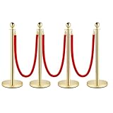 Crowd Control Stanchion, Set with 5 ft/1.5 m Red Velvet Rope, Stanchion Rope Divider, Gold Queue Barrier Line Divider with Fillable Plastic Base, Airport(4)
