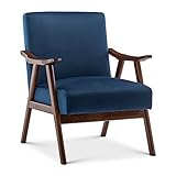 Blue Velvet Scandi Retro Vintage Wooden Frame Accent Armchair, Single Chair for Bedroom Living Room Conservatory Lounge, Solid Wood Wooden Frame, Danish Mid-Century Modern, Chairs for Small Spaces