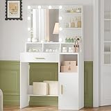 Hzuaneri Dressing Table with Mirror and 10 LED Lights, Vanity Table, Makeup Vanity with 3 Shelves & 4 Open Compartments, Large Drawer & Cabinet, Adjustable Lighting Brightness, White VT08103XUK