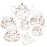 fanquare Pink Floral and Vine Afternoon Tea Set, 21 Pieces British Porcelain Tea Pot Set, Vintage Wedding Bone China Party Coffee Set, Adults Tea Service for 6