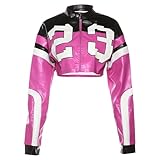 SANSIWU Women's Y2K Leather Jacket Fasion Long Sleeve Stand Collar Number Print Zipper Faux Leather Jacket Bomber Motostyle Jacket Streetwear (A-04, M)