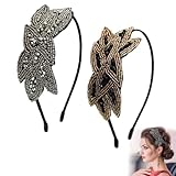 CLKE 2 Pieces 1920s Flapper Headbands for Women - Vintage Rhinestone Leaf and Feather Hair Accessories, Sparkly Beaded Headpieces for Easter Party and Costume Events (Black+Gold,Gray)